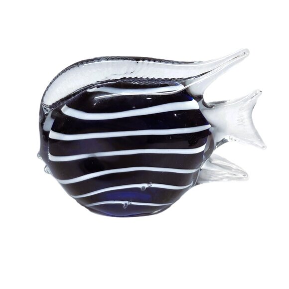 Art Glass Fish Pair Blue Figurine Statue Paperweight Lot Set Striped Beach Decor - Picture 5 of 14
